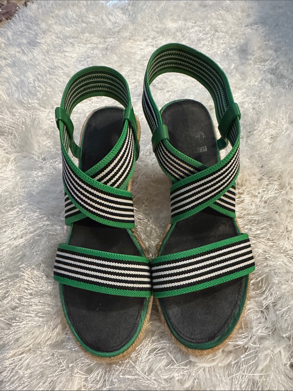Green Striped Elastic Wedge Sandals - Women's